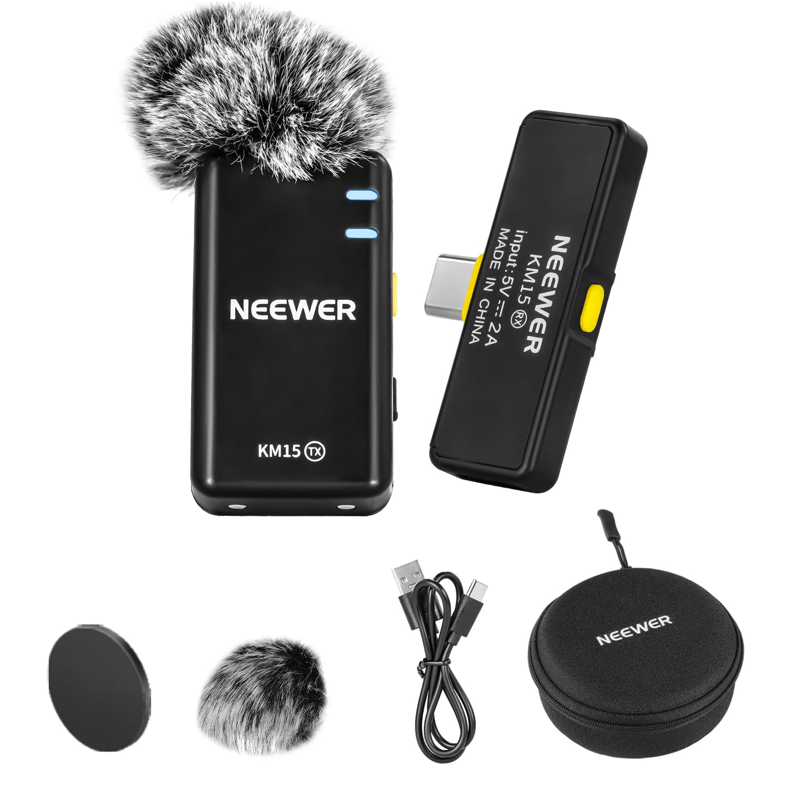 NEEWER Wireless Microphone System for USB C, Noise Cancelling Lapel Lavalier Microphone for Podcast Vlog Live Streaming, Clip on Mini Lav Mic Compatible with iPhone 15 Series Android Phone, KM15