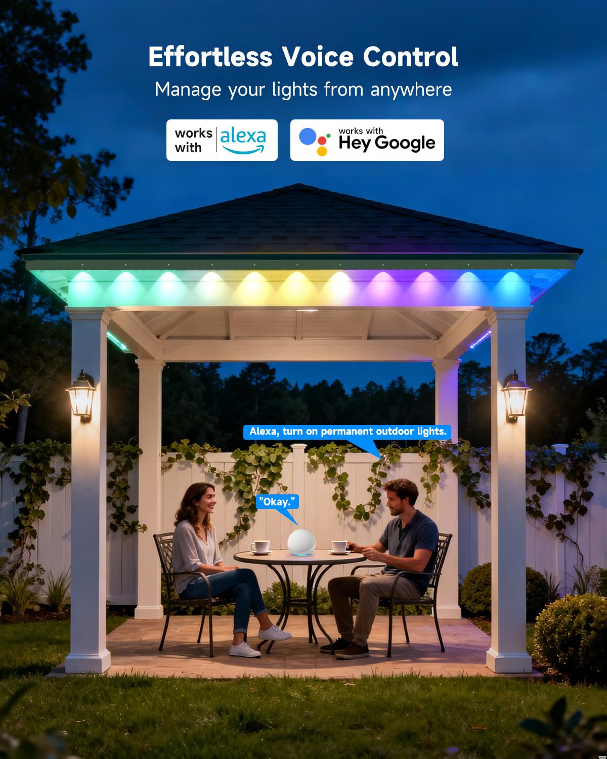 RUISUN Permanente Außenbeleuchte Lights RGBICW 2700-6000K LED Lichterketten Outdoor IP67 Wasserdichte mit App Steuerung für Weihnachtsdekoration Gartenpartys und tägliche Beleuchtung(Weiße 50FT) 5