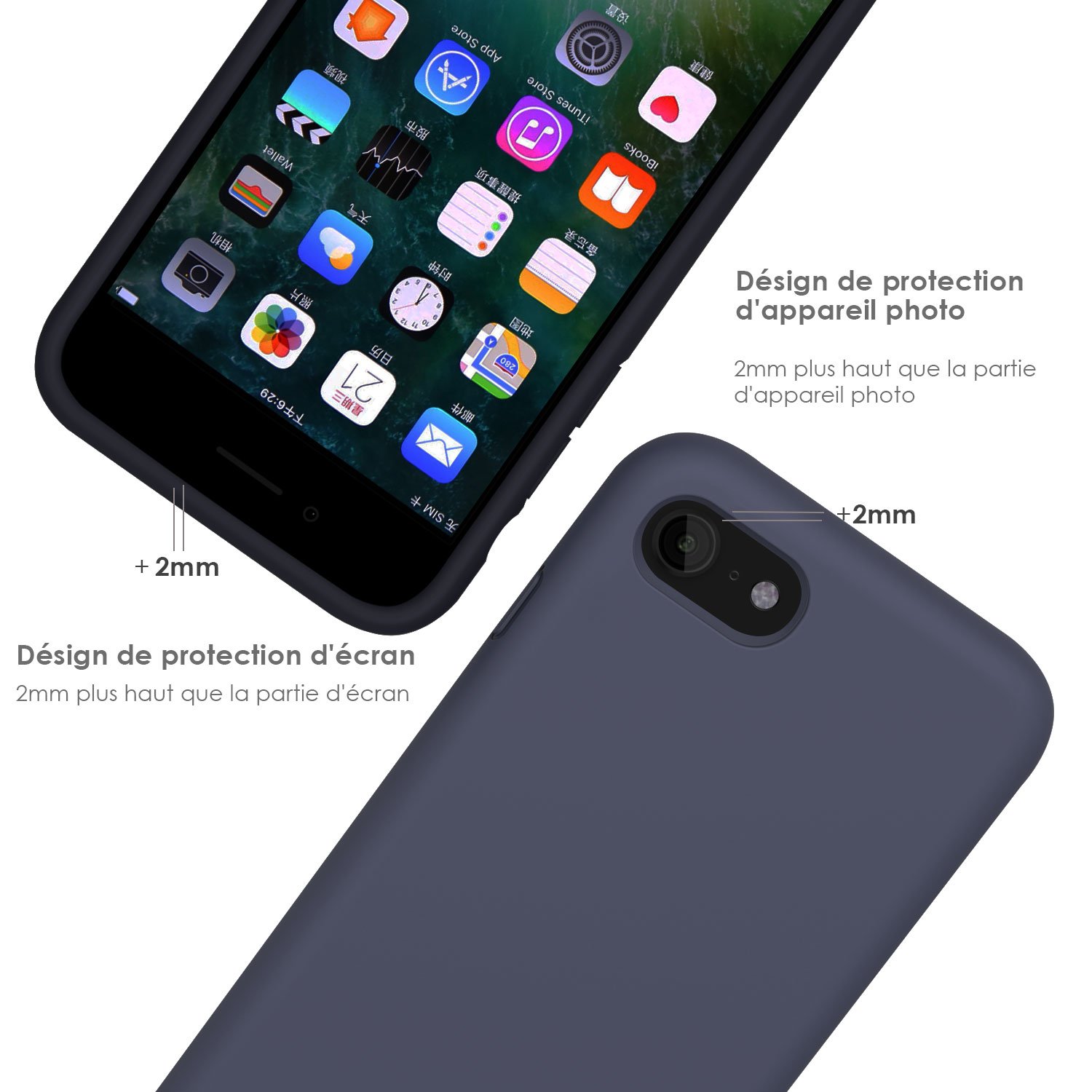 Coque iPhone 7 / 8 , JASBON Coque Silicone Liquide Anti-rayure avec Protecteur d\'écran Gratuit, Housse Protection Silicone Anti-choc Gel Case pour iPhone 7 / 8 – Bleu Foncé