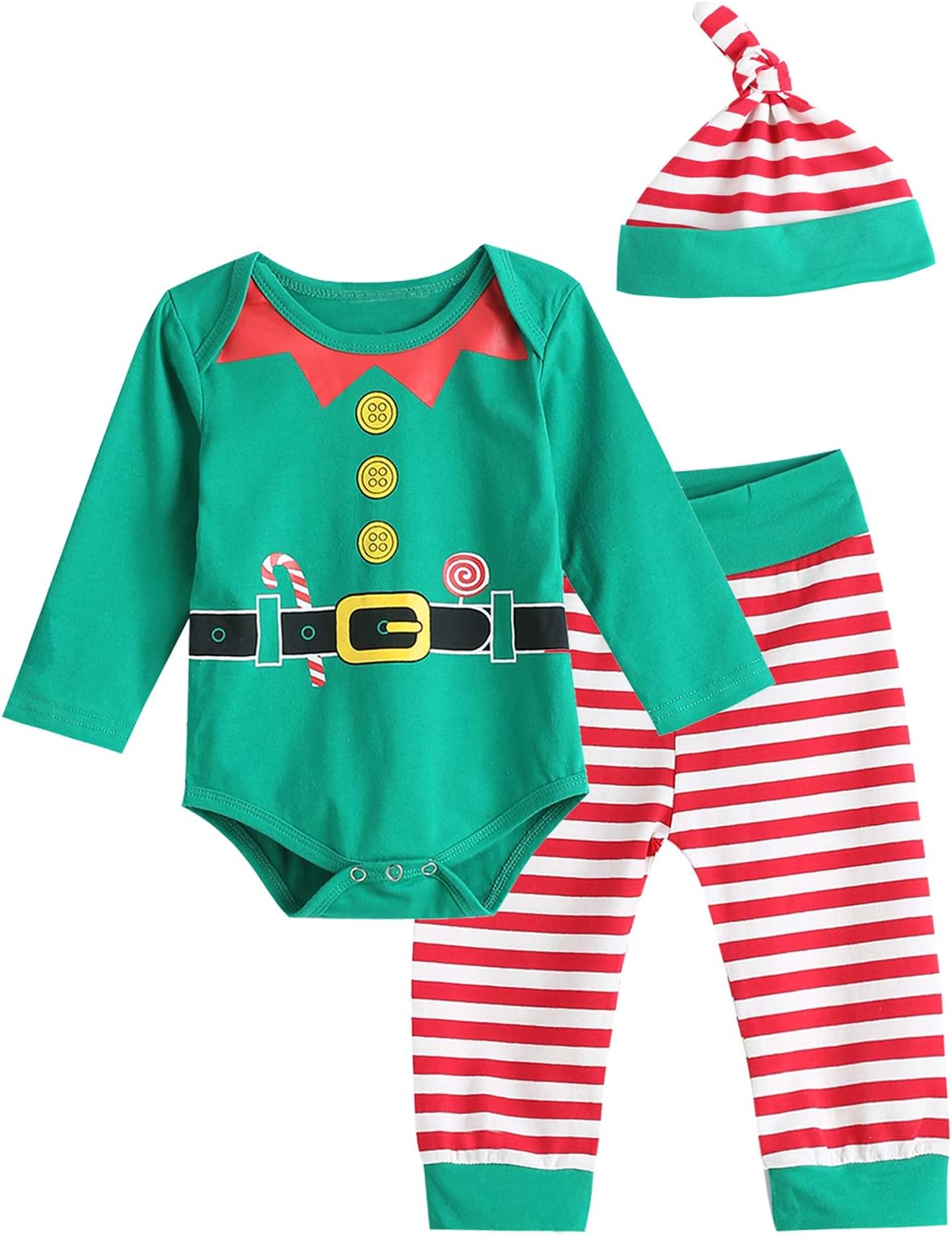 Christmas Elf Outfit Set Baby Boy Girl Xmas Striped Bodysuit with Hat