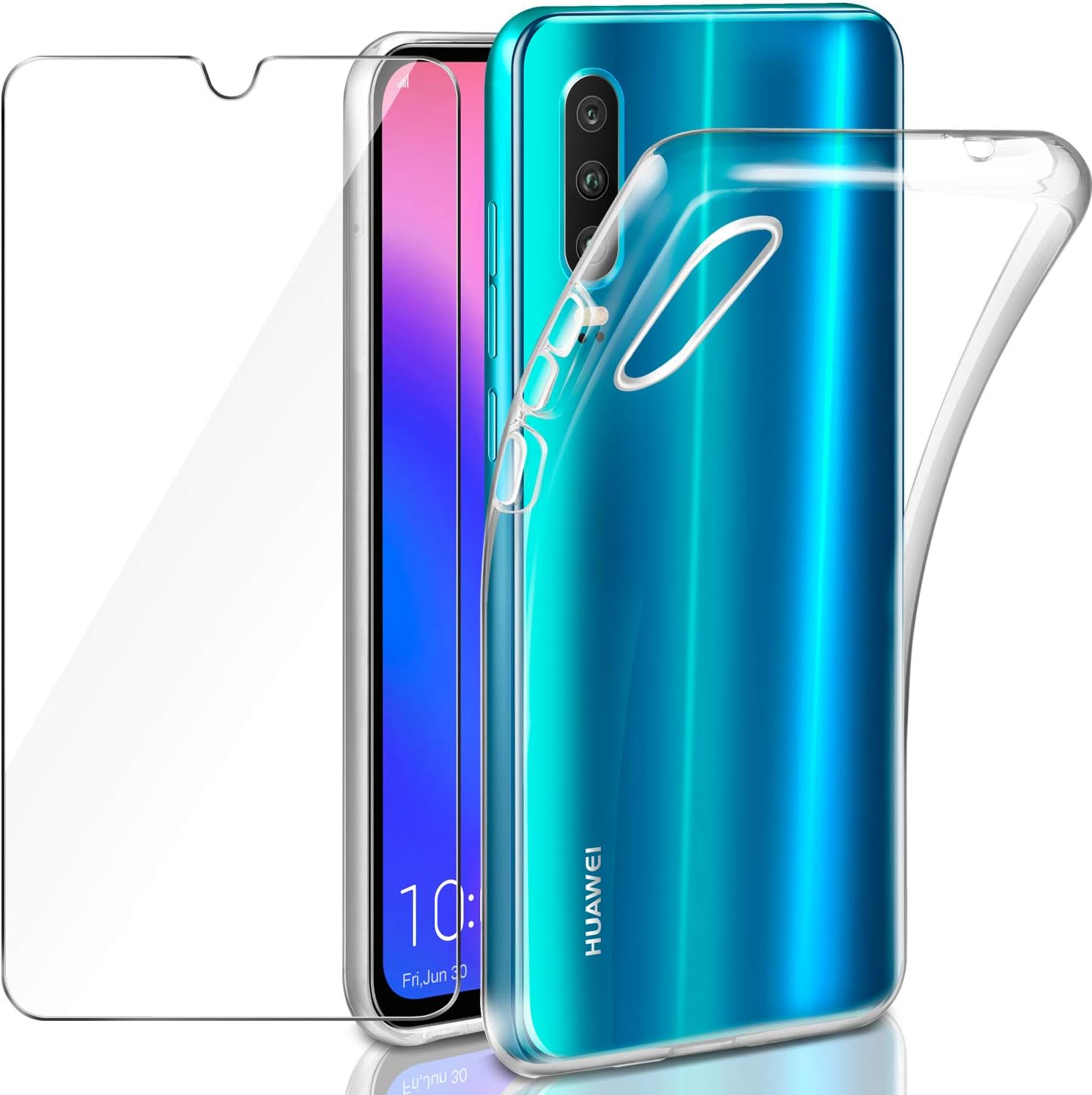 Leathlux Huawei P30 Case, Huawei P30 Glass Film, Transparent Cover Back Soft TPU Bumper with Tempered Glass Screen Protector for Huawei P30 - Clear