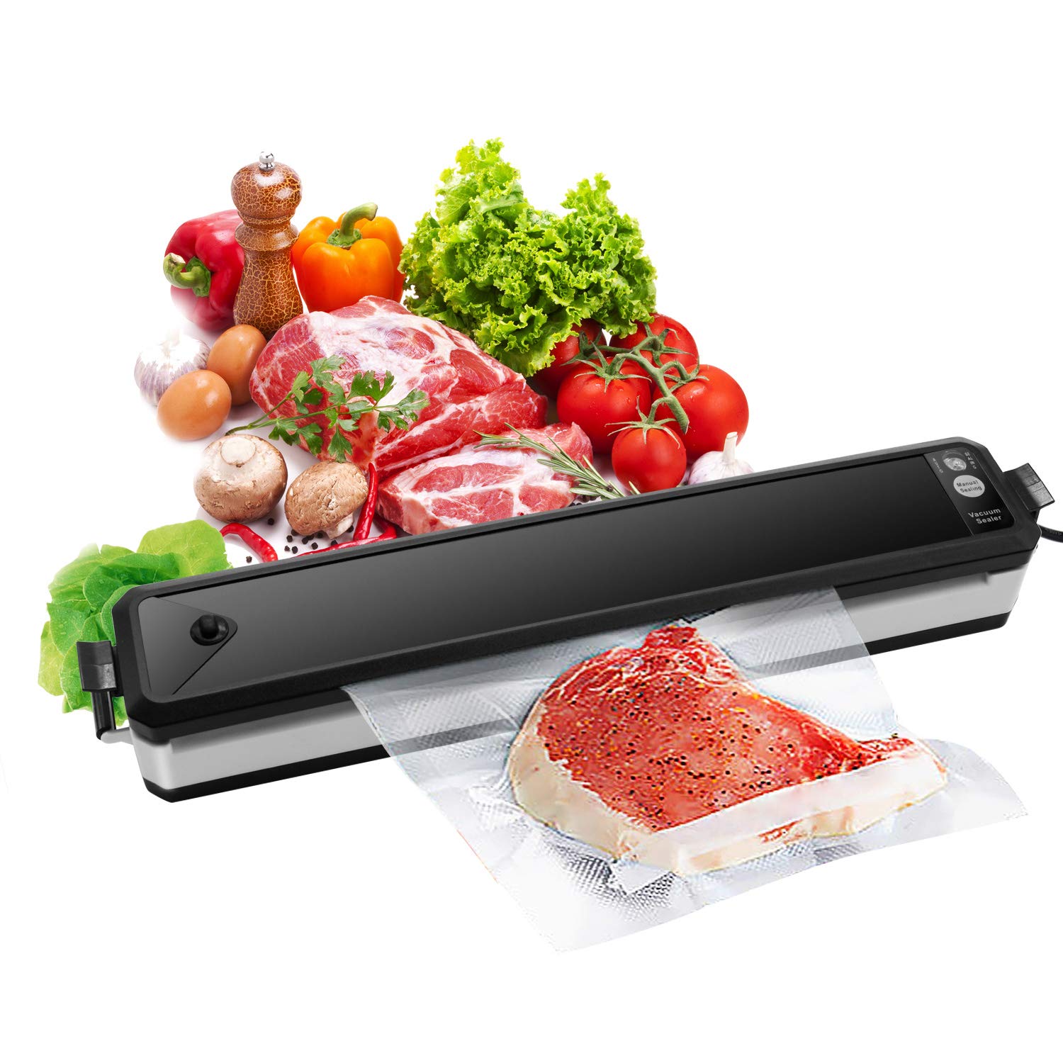 Vacuum Sealer, Sunvito Electric Automatic Food Sealer Machine with Premium Seal Bags for Meat, Eggs, Vegetables, Fruit Storage, Black