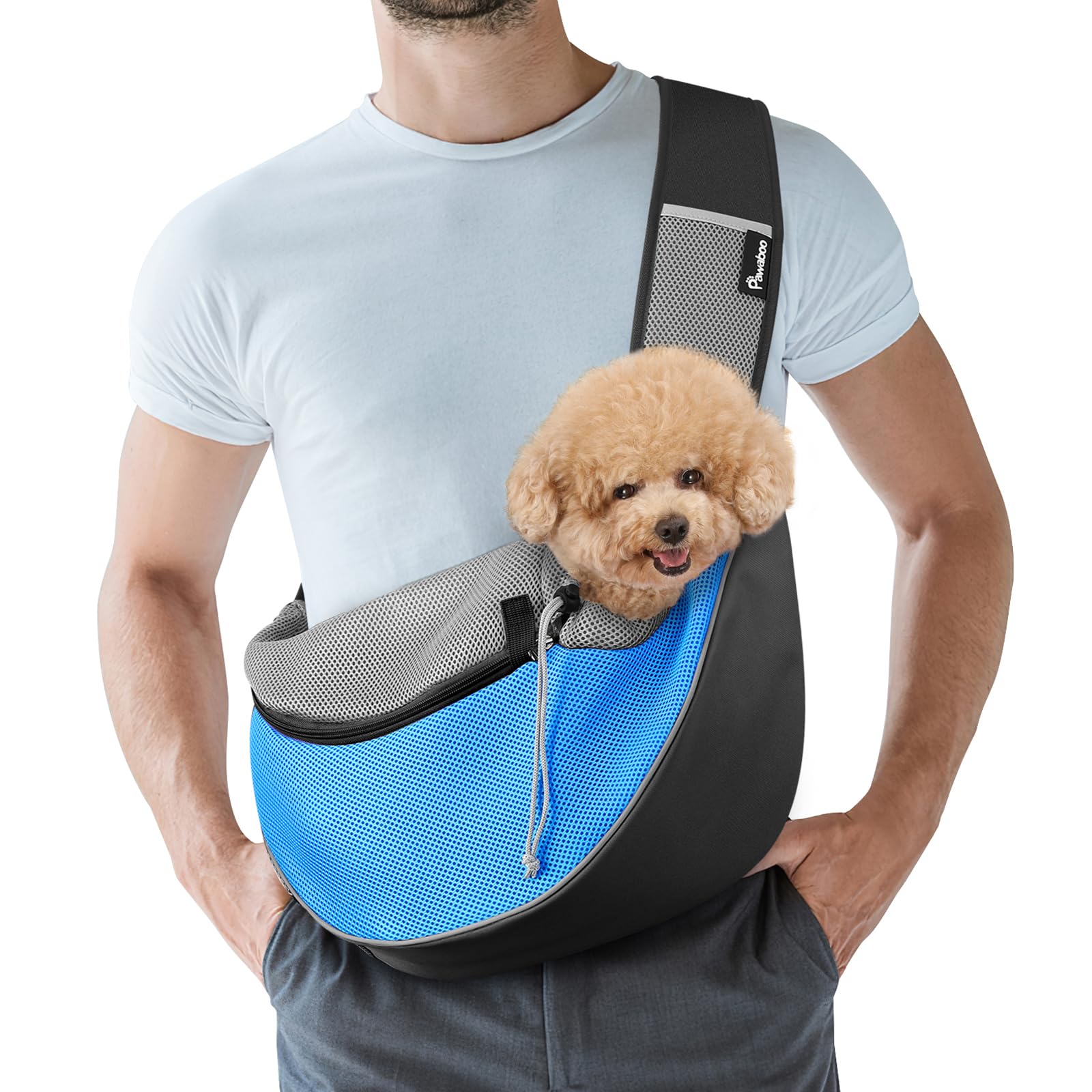 Photo 1 of Pawaboo Pet Dog Sling Carrier, Hand Free Drawstring Dog Papoose with Adjustable Strap, Breathable Mesh Bag for Puppy Cat, Crossbody Satchel Dog Purse with Pocket for Outdoor Travel, Light Blue, Medium