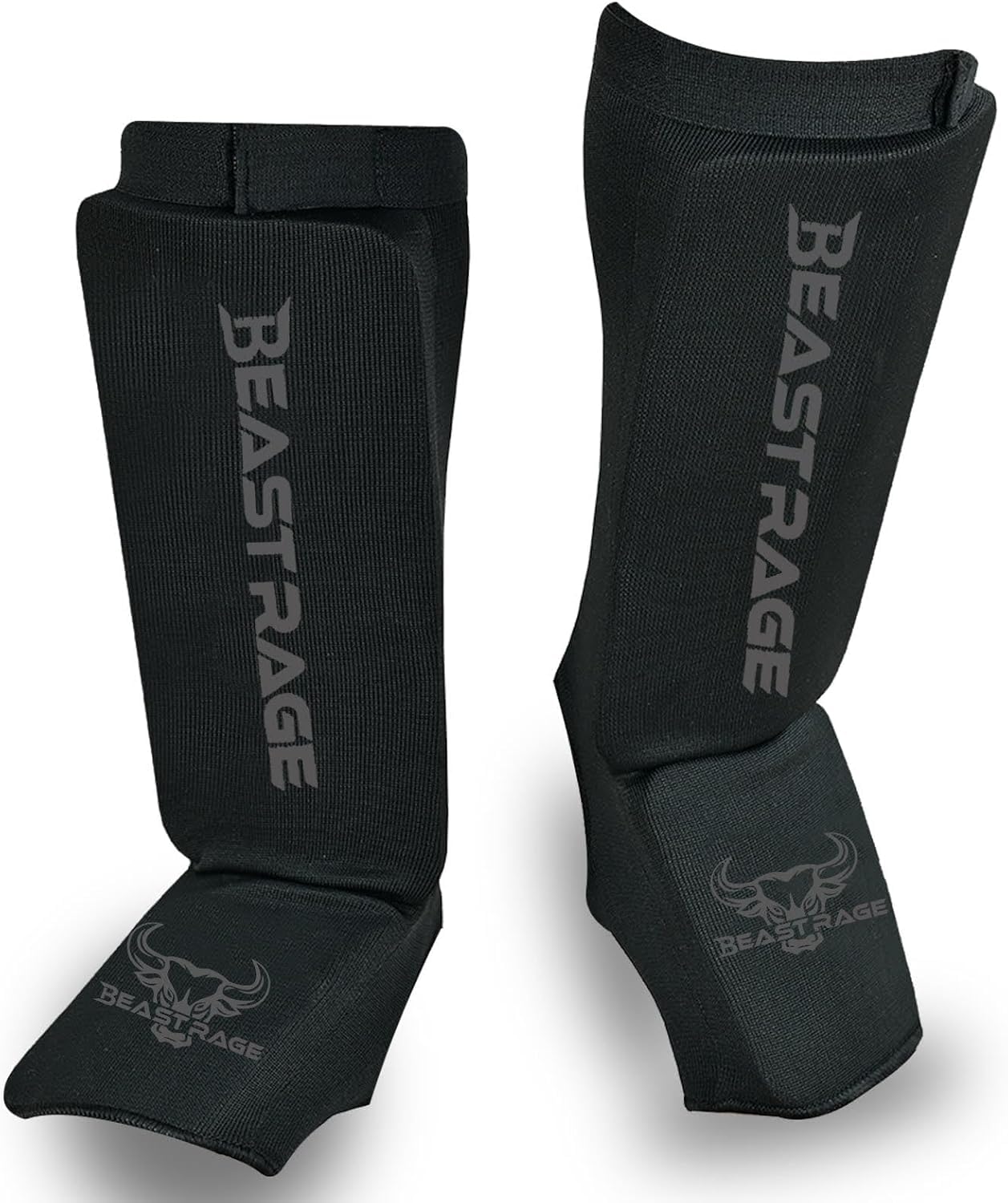 BEAST RAGE Shin Guards for Muay Thai, Kickboxing, MMA, Taekwondo, Boxing, Martial Arts, Elasticated Sock Padded Leg Instep Protection Pads, Shin Pads, Sparring Training, Karate BJJ (S, BLACK)