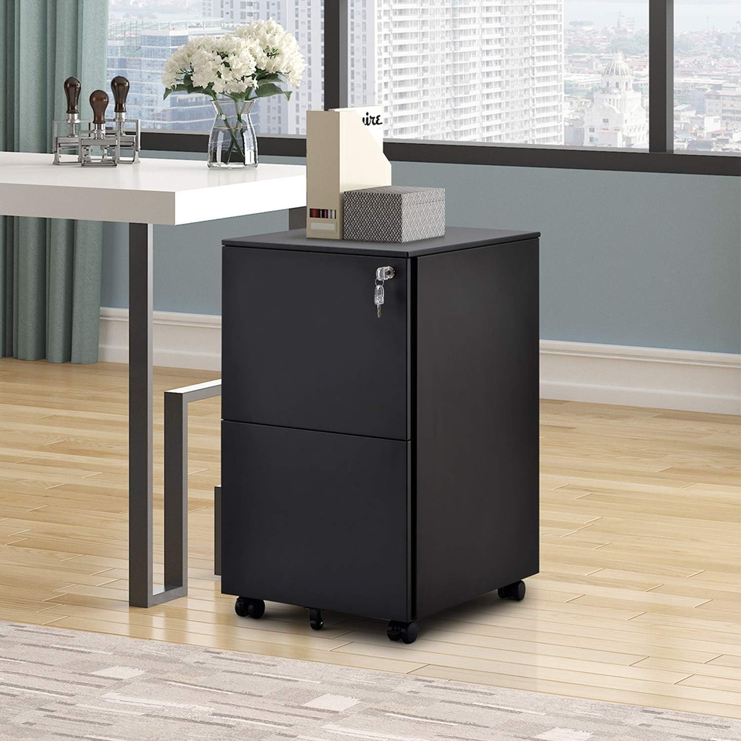 Amazon Com Mobile File Cabinet With Key Lock Steel Filing Cabinet Home Office Pedestal Fully Assembled Except 5 Rolling Casters Black Kitchen Dining