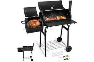 Joyfair Charcoal Grill with Offset Smoker, Camping Barbecue Grill with Side Fire Box for Outdoor BBQ Smoking/Backyard Party Grilling, Thick Iron Steel & Dual Chamber Design, Thermometer & Chimney