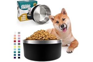 IKITCHEN Dog Bowl for Food and Water, 64 Oz Stainless Steel Pet Feeding Bowl, Durable Non-Skid Double Wall Insulated Heavy Duty with Rubber Bottom for Medium Large Sized Dogs (64 Ounces/8 Cup, Black)