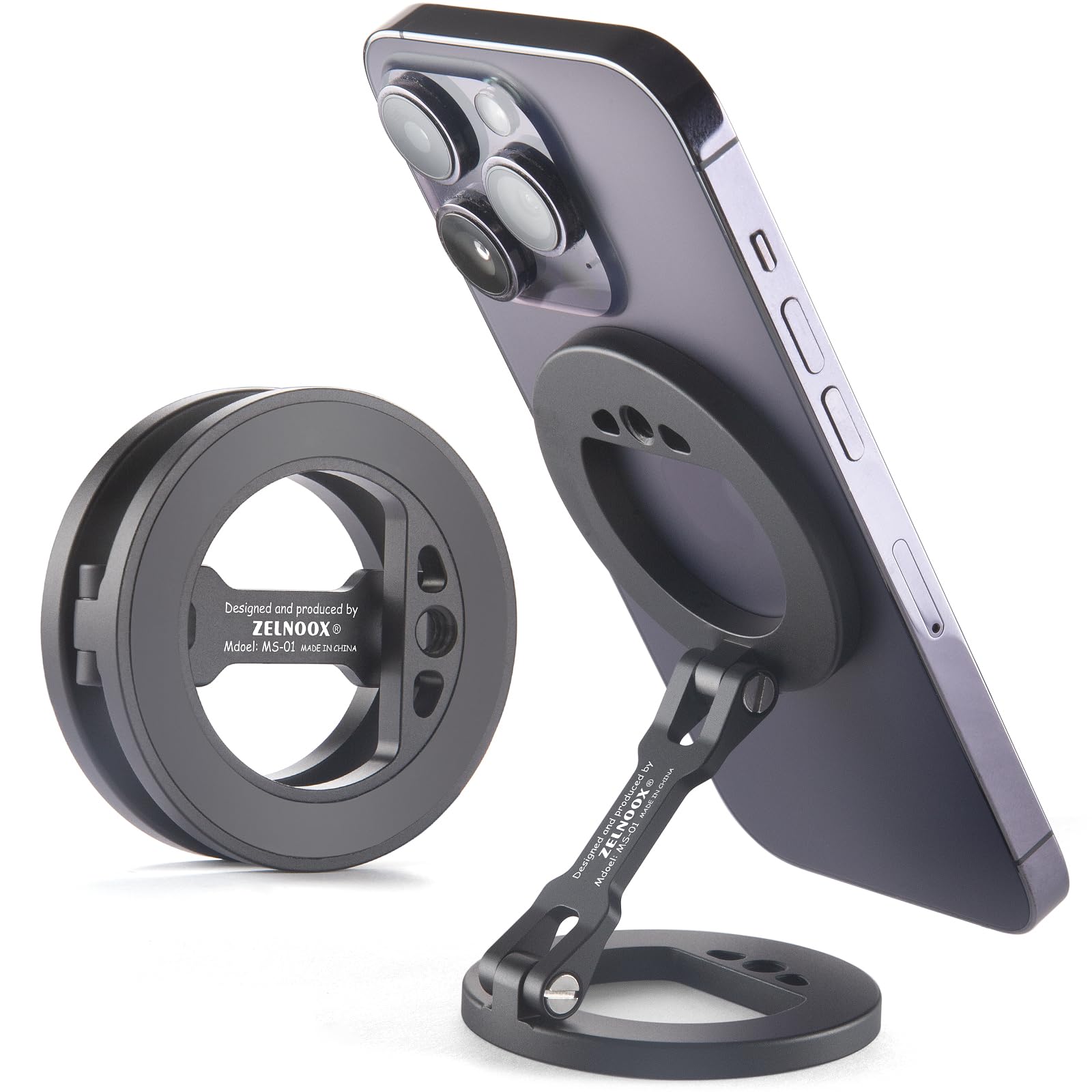 Photo 1 of Double Magnetic Ring Phone Holder – Attach to Any Iron Surface | 1/4" Screw Hole | Compatible with iPhone 16/15/14/13/12 Pro Max Series & MagSafe Cases (MS-01-Black)