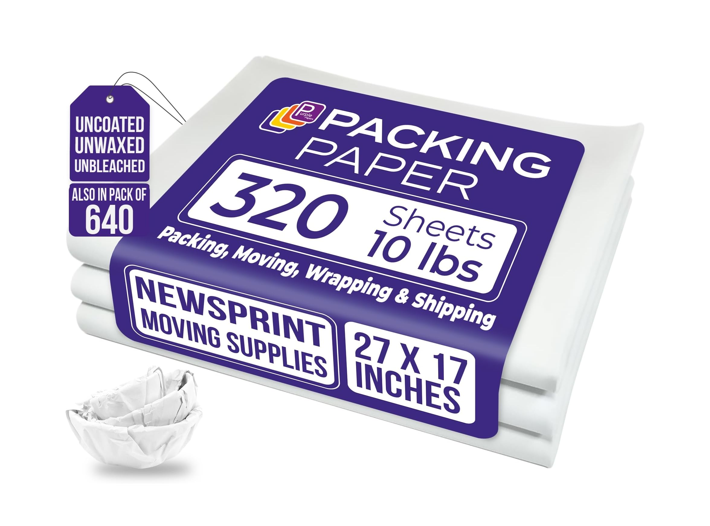 Photo 1 of Purple  White Bulk Packing Paper | 320 Sheets | 27" x 17" | 10 lb | Sheets for Moving - Newsprint Paper - Must Have in Your Moving Supplies | Newsprint Papers | Packaging Paper