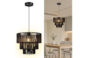 BoostArea Boho Rattan Chandelier Light,3-Tier Hand Woven Lampshade Ceiling Pendant Light Fixture,12.6” Farmhouse Chandelier H