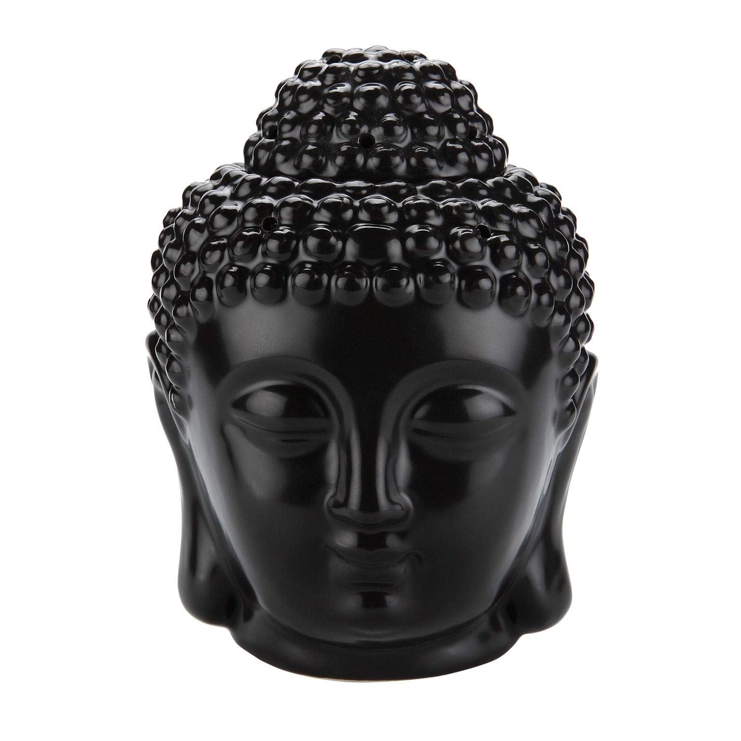 ComSaf Ceramic Buddha Head Essential Oil Burner with Candle Spoon Black, Aromatherapy Wax Melt Burners Oil Diffuser Tealight Candle Holders Buddha Ornament for Yoga Spa Home Bedroom Decor