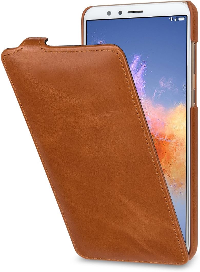 StilGut Slim Vertical Flip Case for Honor 7X, Genuine Leather Huawei Honor 7X Case, Cognac Brown