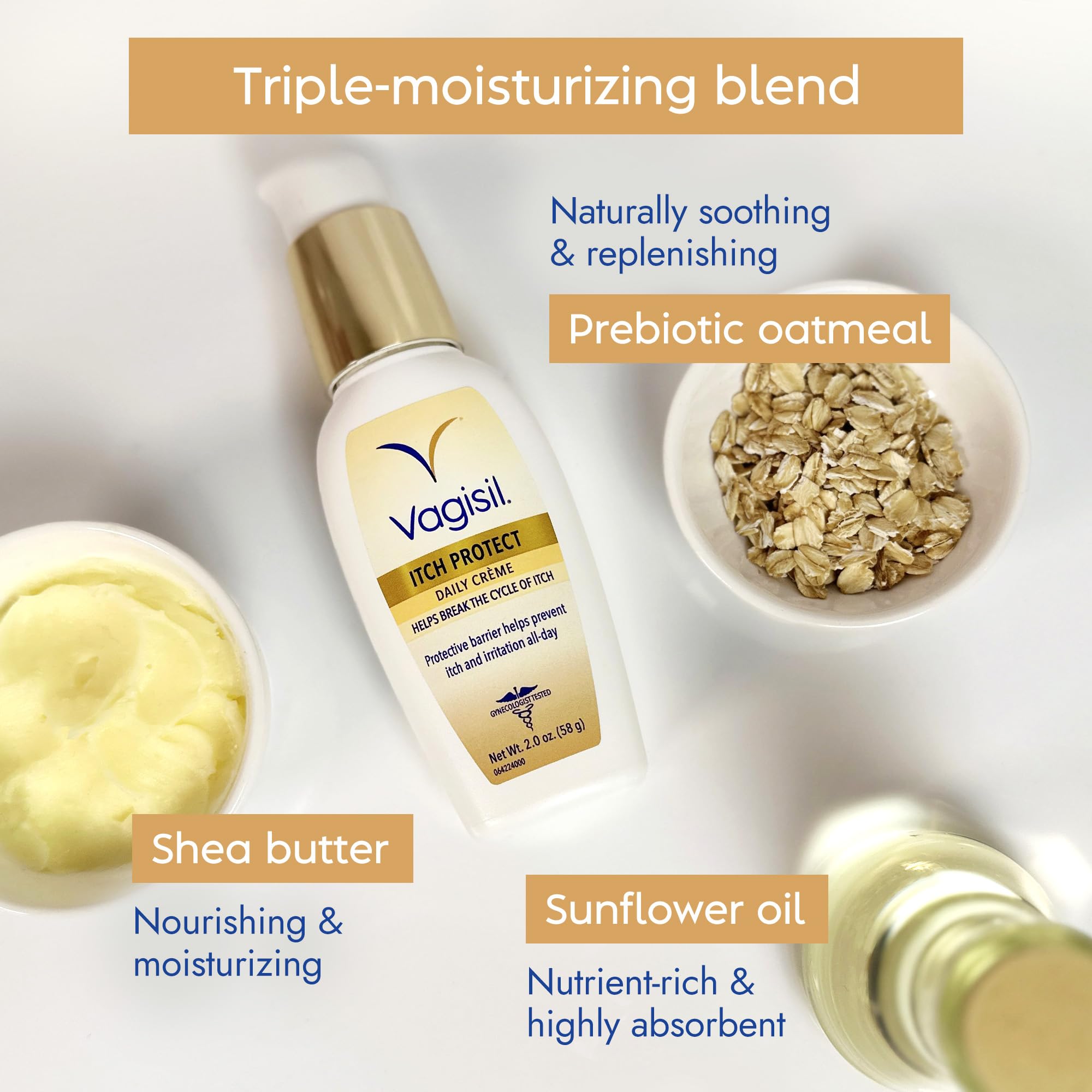 Vagisil Itch Protect Daily Creme with Prebiotic Oatmeal, Fragrance-Free Protective Formula with Shea Butter and Sunflower Oil, pH Balanced Fast-Absorbing Moisturizer, Hypoallergenic, 2 oz