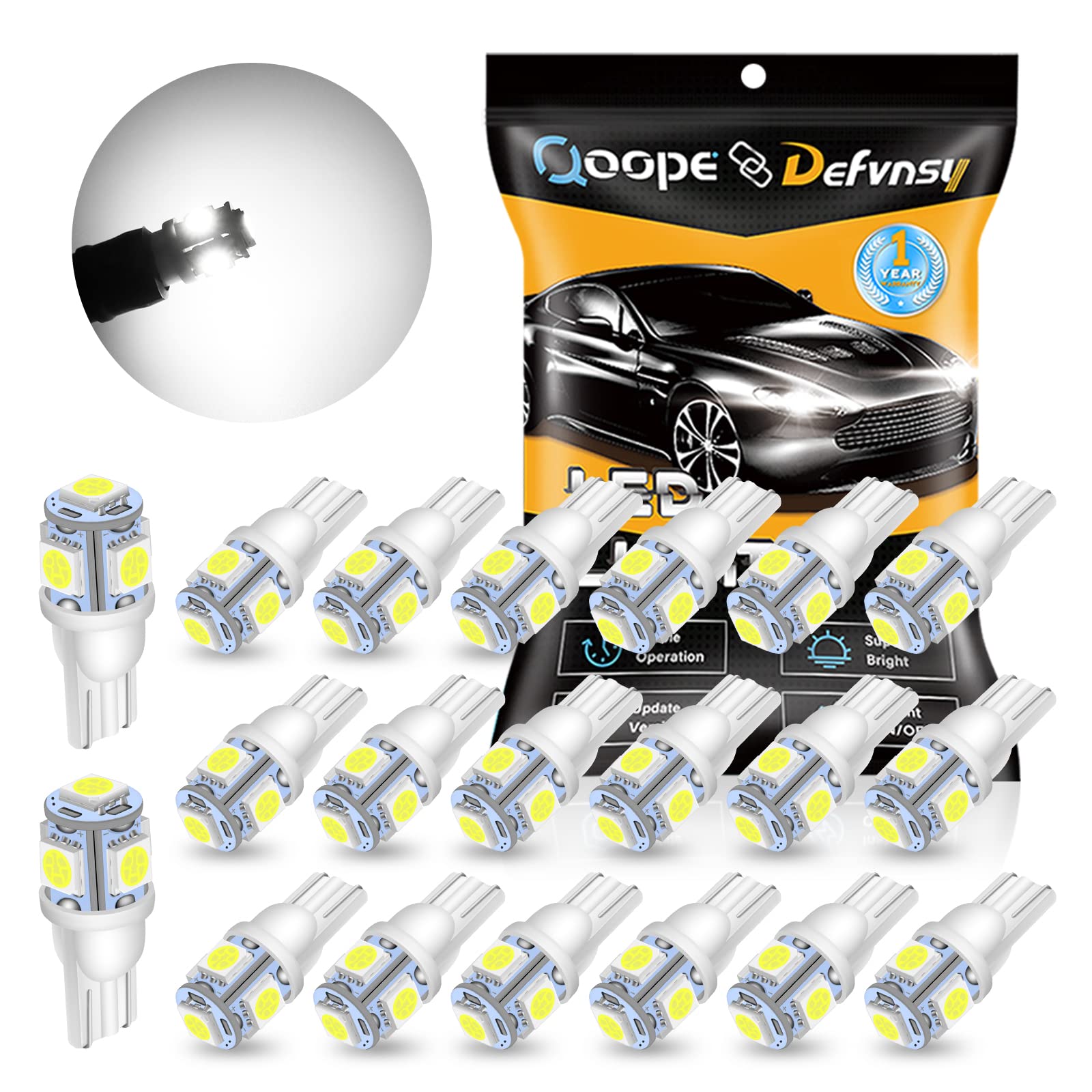 Defvnsy T10 W5W 194 LED Bulb White 6000K 501 158 168 2821 2825 Interior Light 5050 5SMD 12V Dashboard Bulbs for License Plate Light, Dome Light, Corner Light, Map, Door, Courtesy Light (Pack of 20) — image 1