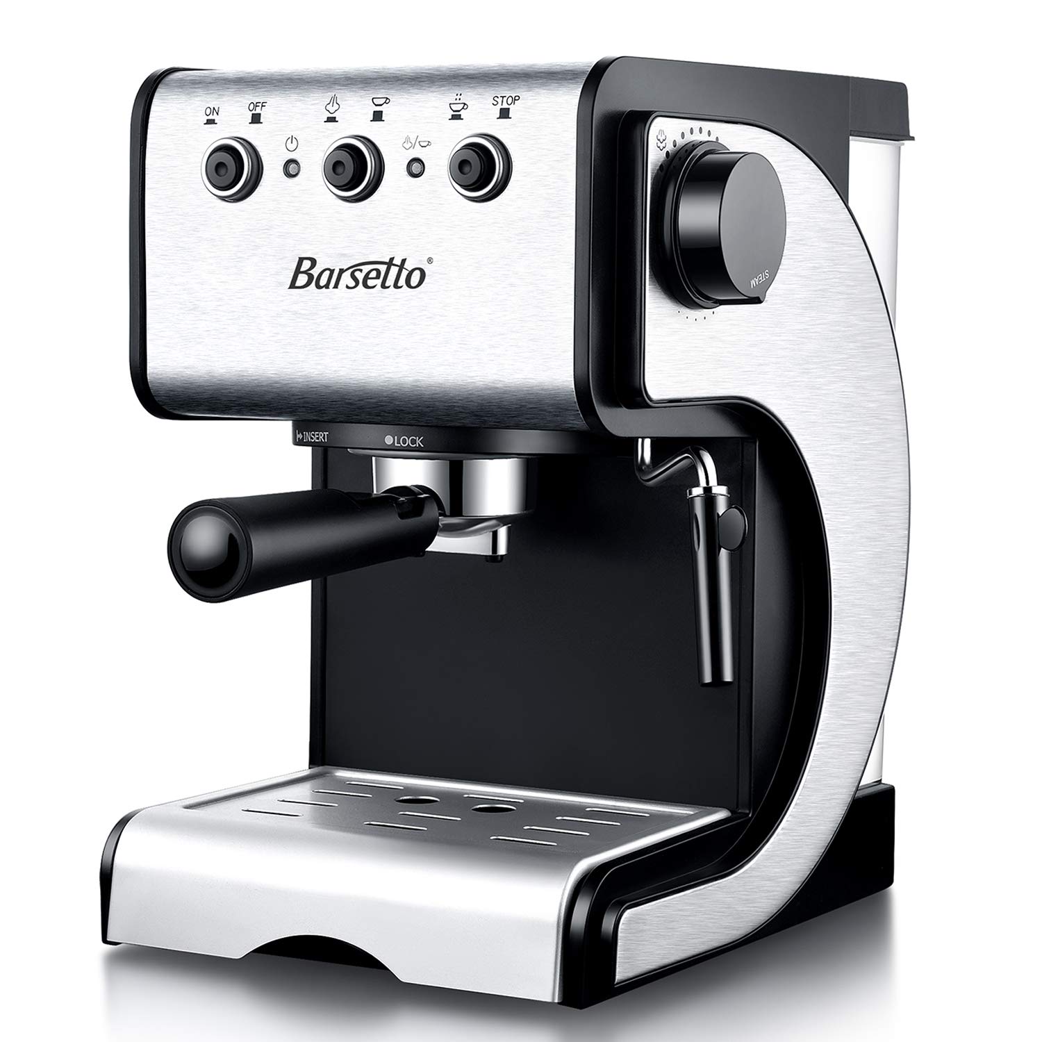 Barsetto Espresso Machine With Milk Frother,Espresso Maker, Coffee Maker with milk steamer,1000W,15 Bar Pump, Black/Stainess Steel