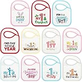 Cuffbow 11 Pcs Baby First Holiday Bibs Set, Girls Boys My First 1st Valentine Easter Birthday New Year Mother Father Day 4th of July Halloween Xmas Bibs for Newborn Infant Feeding Teething Drooling