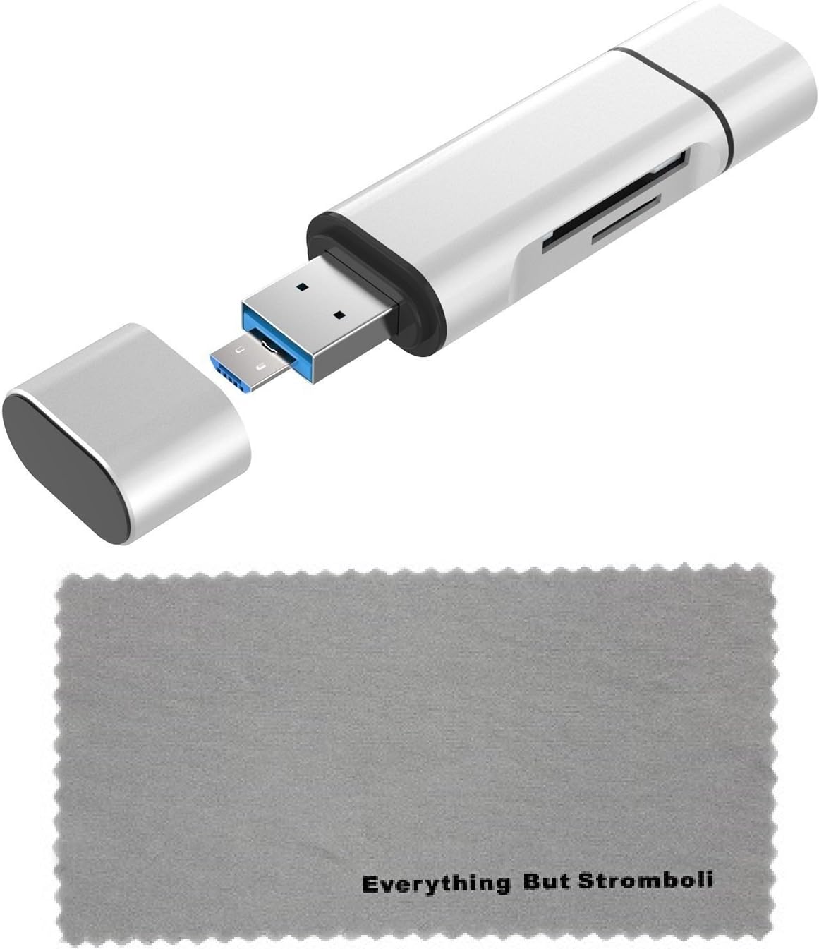 3 in 1 Card Reader, USB Type C, Micro-USB & USB Combo to 2-Slot TF/SD Card Reader OTG Card Adapter for Samsung Galaxy Android Phones Bundle with Everything But Stromboli Microfiber Cloth