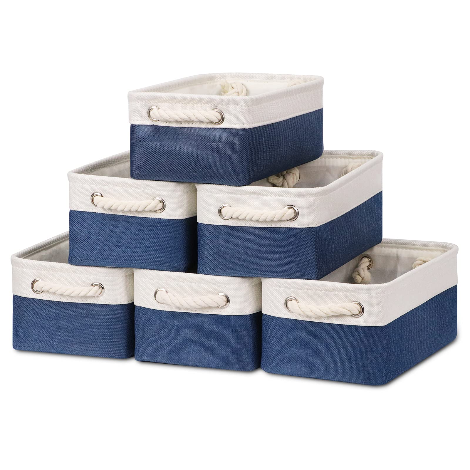 Photo 1 of Bidtakay Small Canvas storage baskets with Handles [6 Pack] Navy Blue Fabric Storage Bins 11.8 x 7.8 x 5 inches Decorative storage baskets for Shelves, Closet, Nursery (White&Blue)