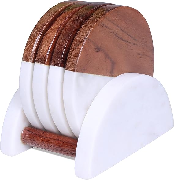 Marble and Wood Coaster Set with Holder Round Set of 4 Half Wood