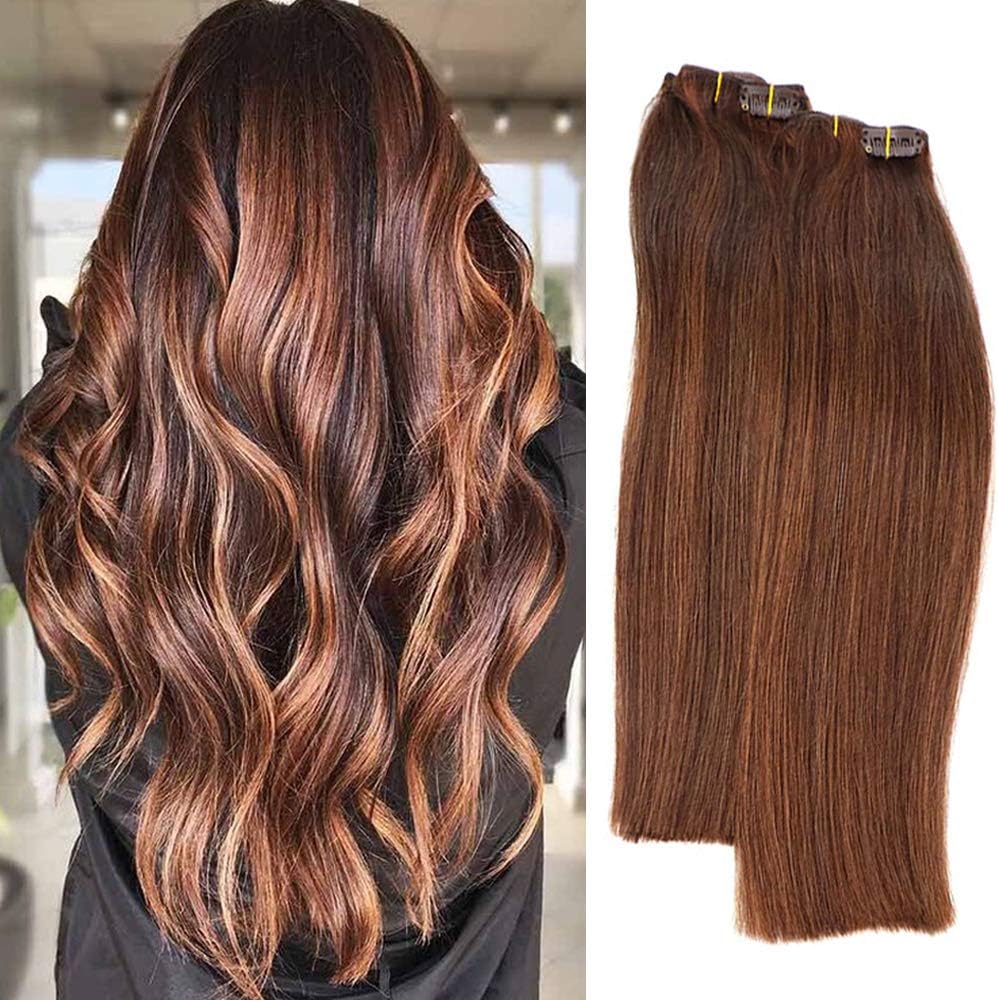 Clip in Hair Extensions Real Human Hair, Chocolate Brown to Auburn Real Hair Extensions Clip in Human Hair,7 Pieces 70G 22 Inch Double Weft Remy Human Hair Clip in Extensions for Women