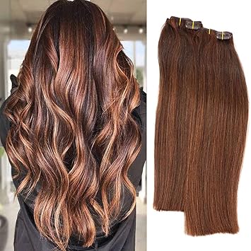 Amazon Com Clip In Human Hair Extensions With Highlights Medium