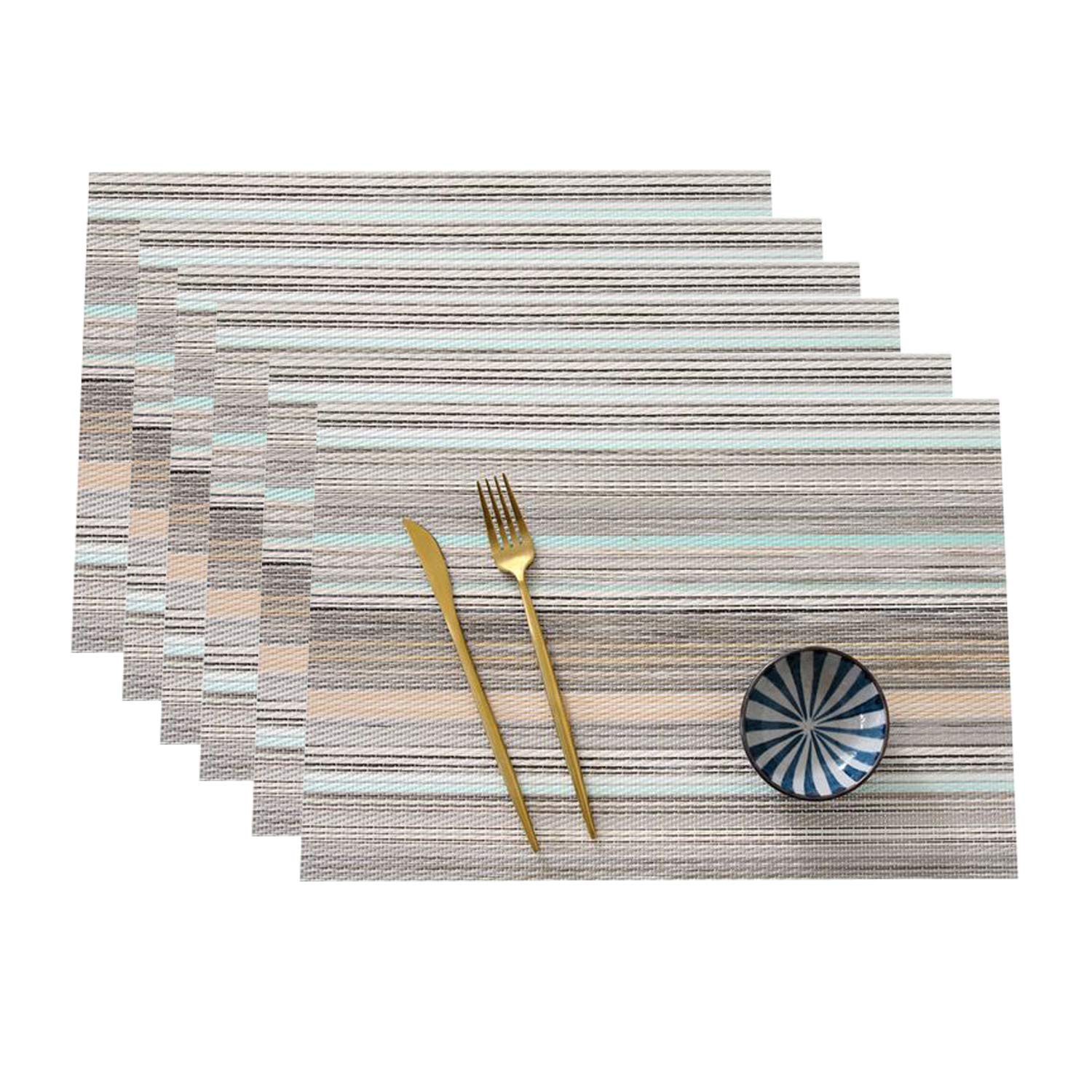 Place Mats Set of 6, Heat Insulation Placemats Stain Resistant Placemat, Durable Cross Weave Woven Vinyl Kitchen Table Mat FOR Dining Table. (Blue Stripes)