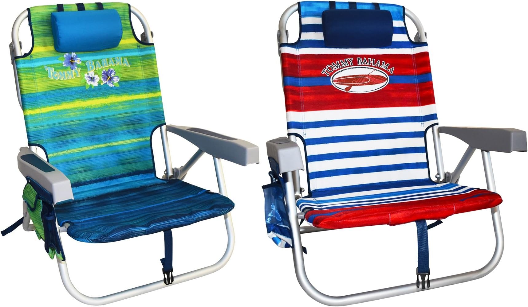 2 Tommy Bahama Backpack Beach Chairs (1 Green & 1 Red/Blue/White Striped)
