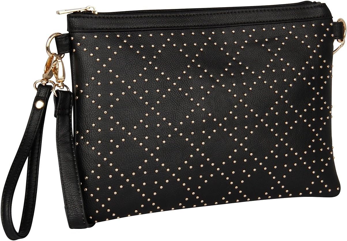 1 pc. of small black womens handbag evening bag clutch with rivets and wrist loop, removable shoulder strap (427-598)