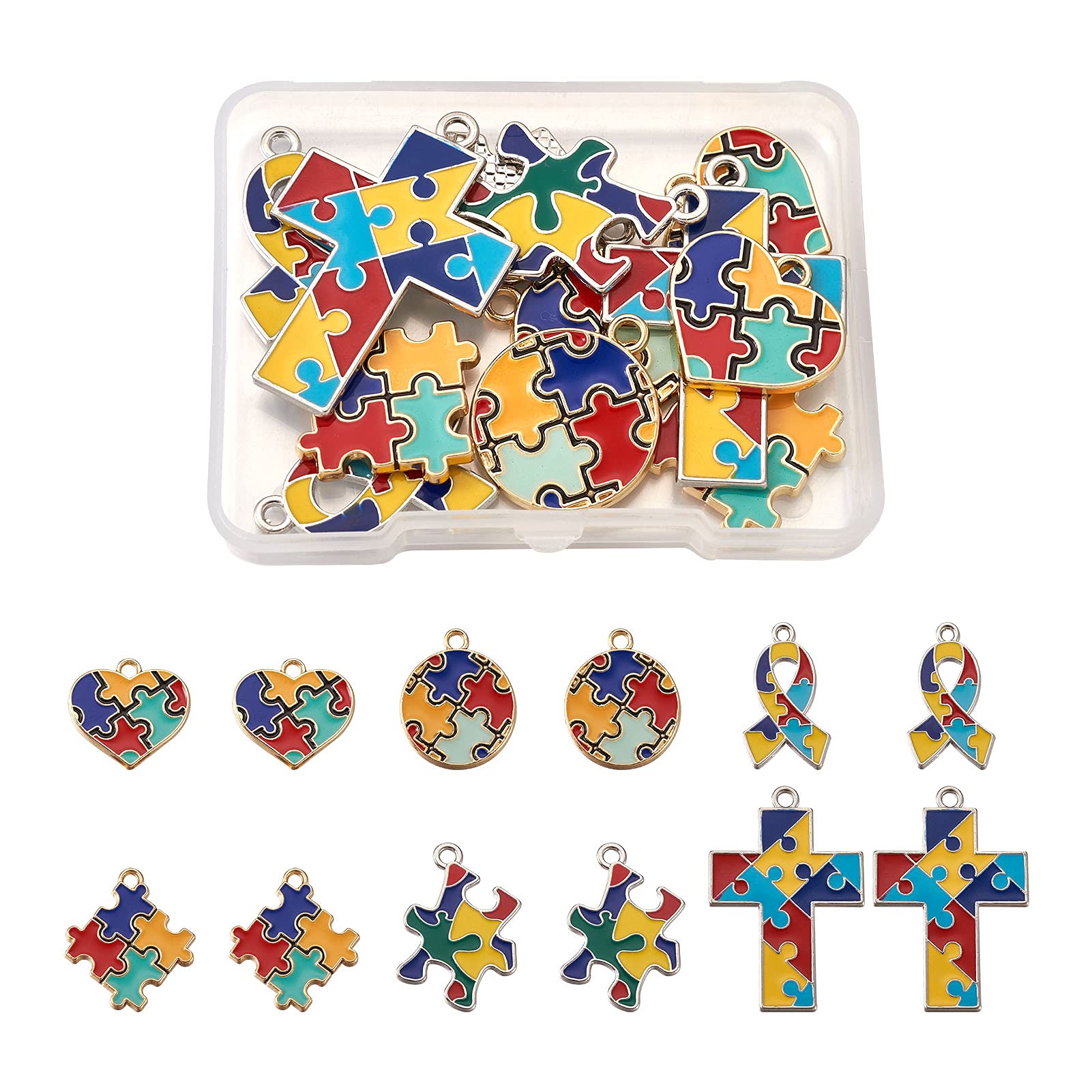 PandaHall 12pcs Alloy Autism Charms Cross/Heart/Ribbon with Puzzle Autism Symbol Pendants Charms for DIY Necklace Bracelet Earring Jewelry Making Crafts