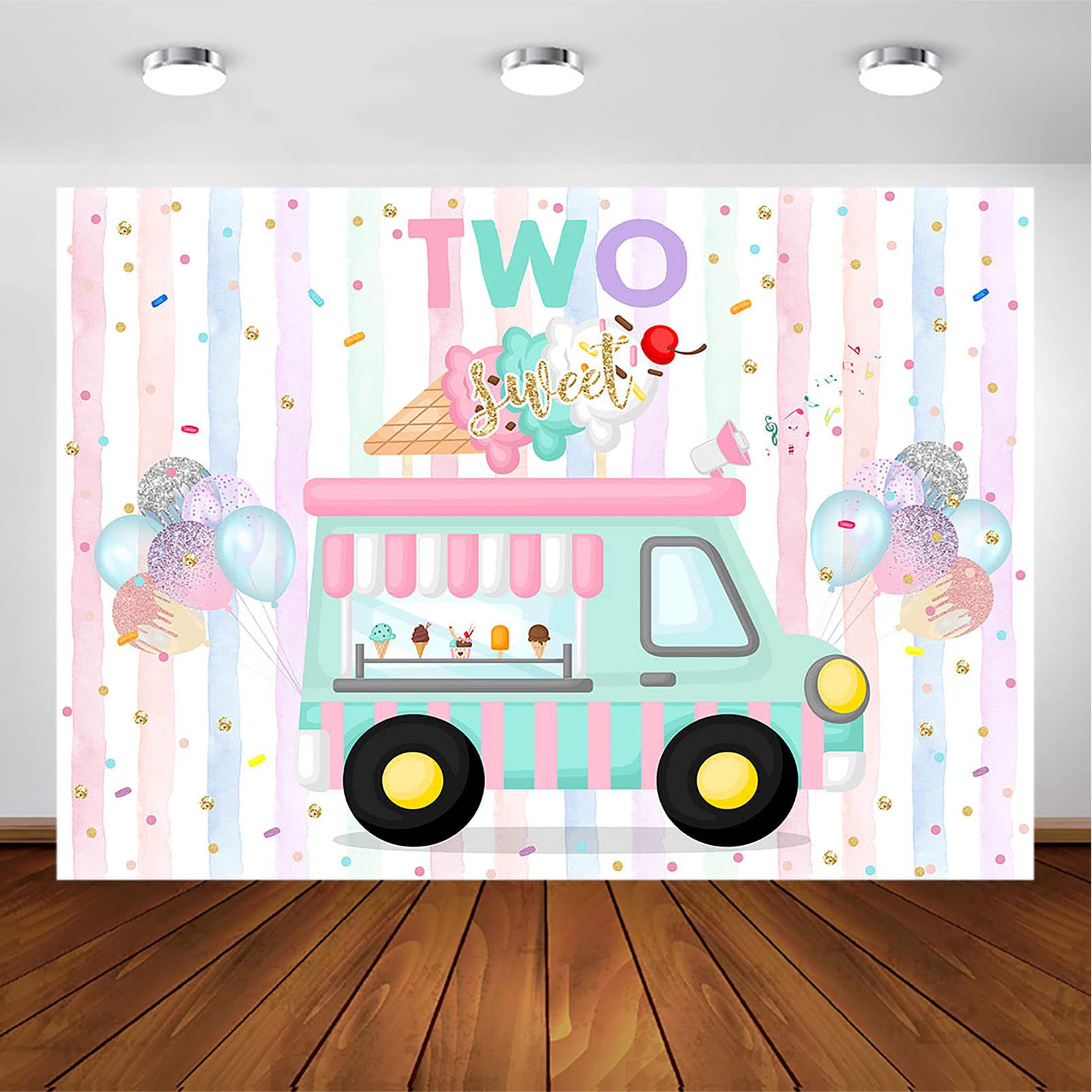 Photo 1 of Avezano Ice Cream Birthday Backdrop for Two Sweet Birthday Party Decorations Two Sweet Ice Cream Truck 2nd Birthday Party Banner Cake Table Supplies Photography Background (7x5ft)