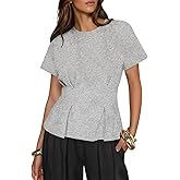 Fisoew Womens Peplum Tops Short Sleeve Babydoll Summer T Shirts Casual Crop Crew Neck Pleated Blouses Grey