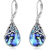 AXELUNA Tree of Life Earrings Sterling Silver Teardrop Abalone Shell Dangle Leverback Earringgs Gifts for Women Girls