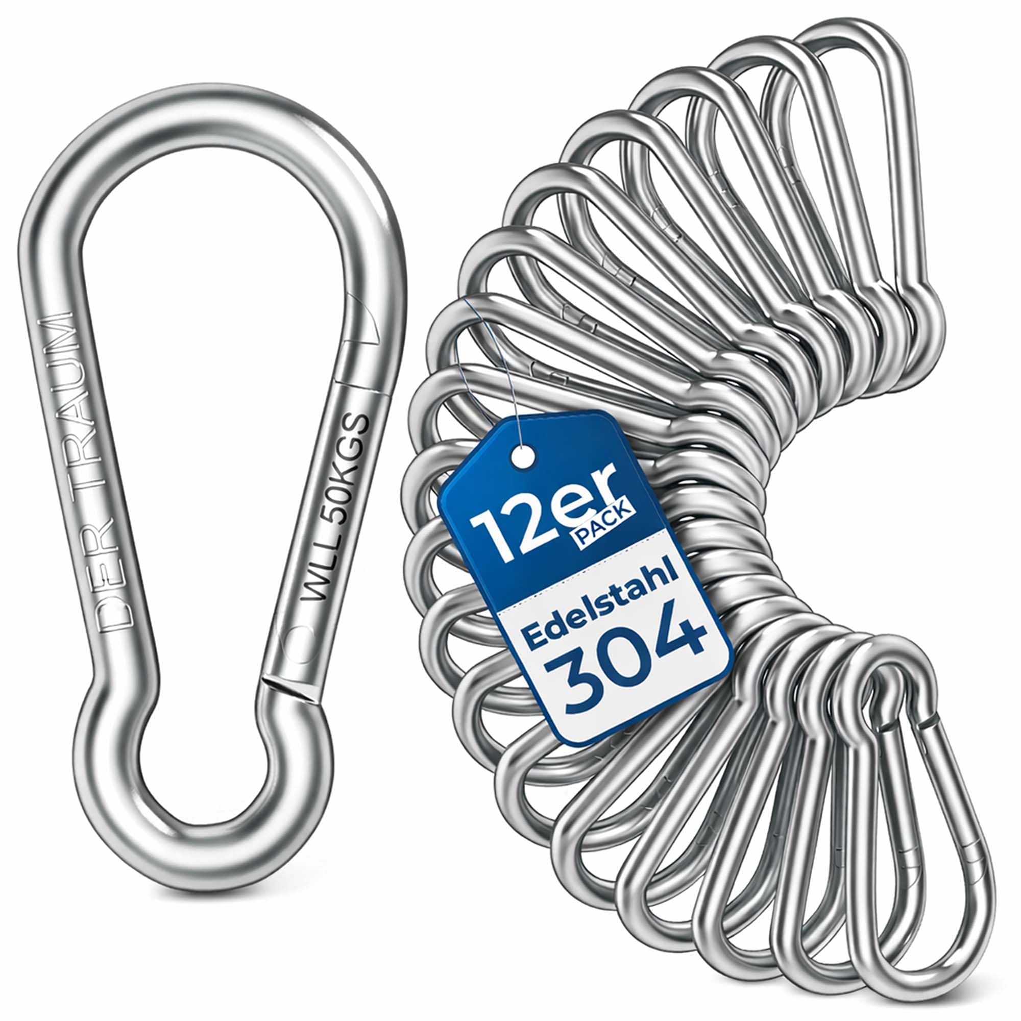 Der Traum Pack of 12 Stainless Steel Carabiner Hooks, 4 x 40 mm, Carabiner with Load Capacity of kg, Ideal for Key Chains, Camping, Hiking, Travel, Fishing, Backpack (Silver)