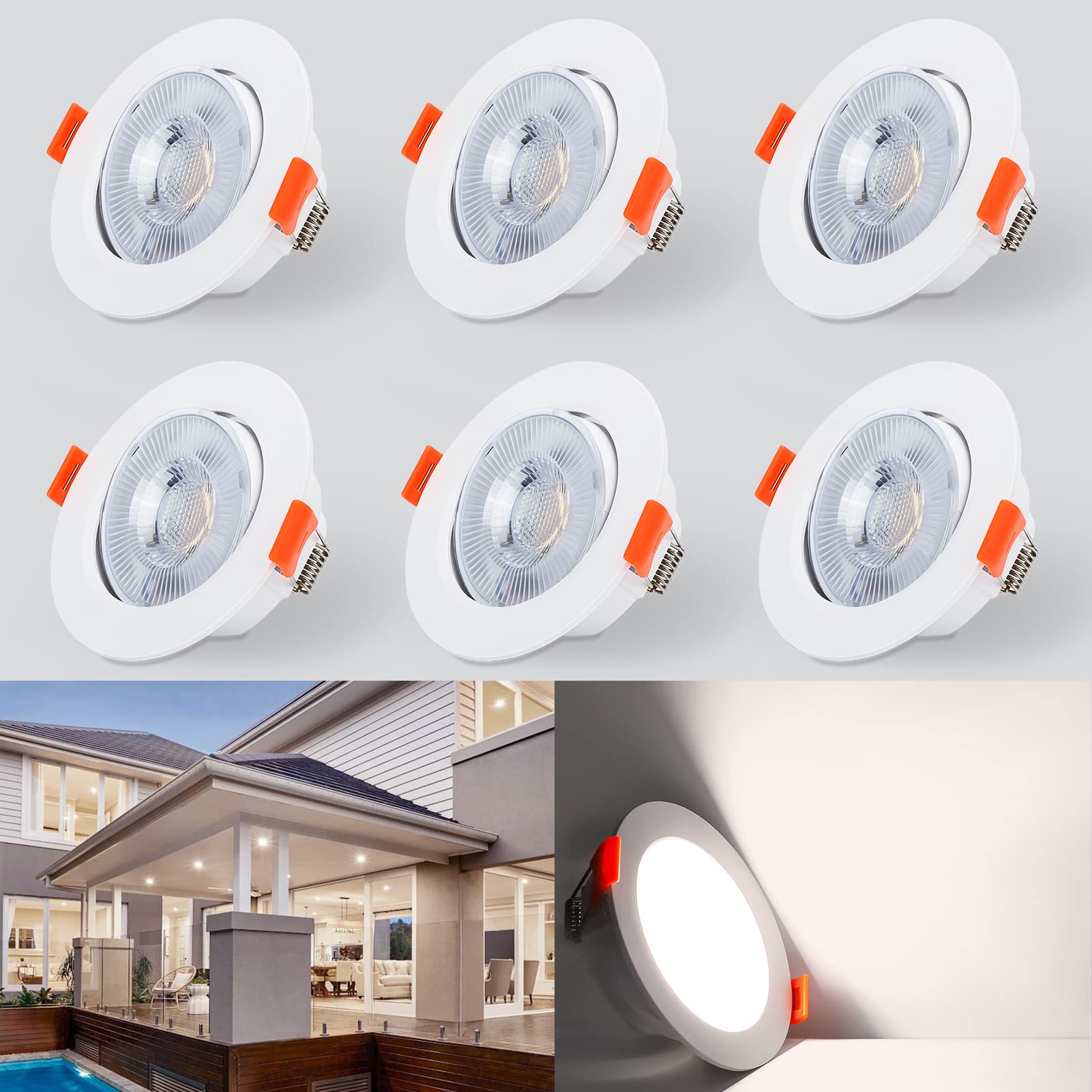 Kambo LED Downlights Ceiling 6W Rotatable Angle 40°, Ultra Slim Recessed Ceiling Lights Neutral White 4000K 610LM, Round Spotlights Ø70-80mm for Bathroom Kitchen Living Room, 6 Pack