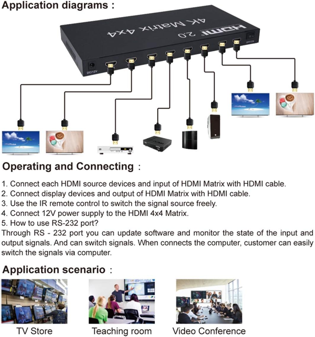 2.0 HDMI Matrix 4x4, 4K 60Hz 1080p(RGB/YUV 4:4:4)Switch Splitter 4 Input 4 Out Converter RS232 EDID Switch (HDMI 2.0 Matrix 4X4) - Image 4