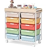 10 Drawer Rolling Storage Cart with Wood Top for Classroom Crafts Colorful | Easy Setup, Large Capacity, Sturdy Build, Lockab