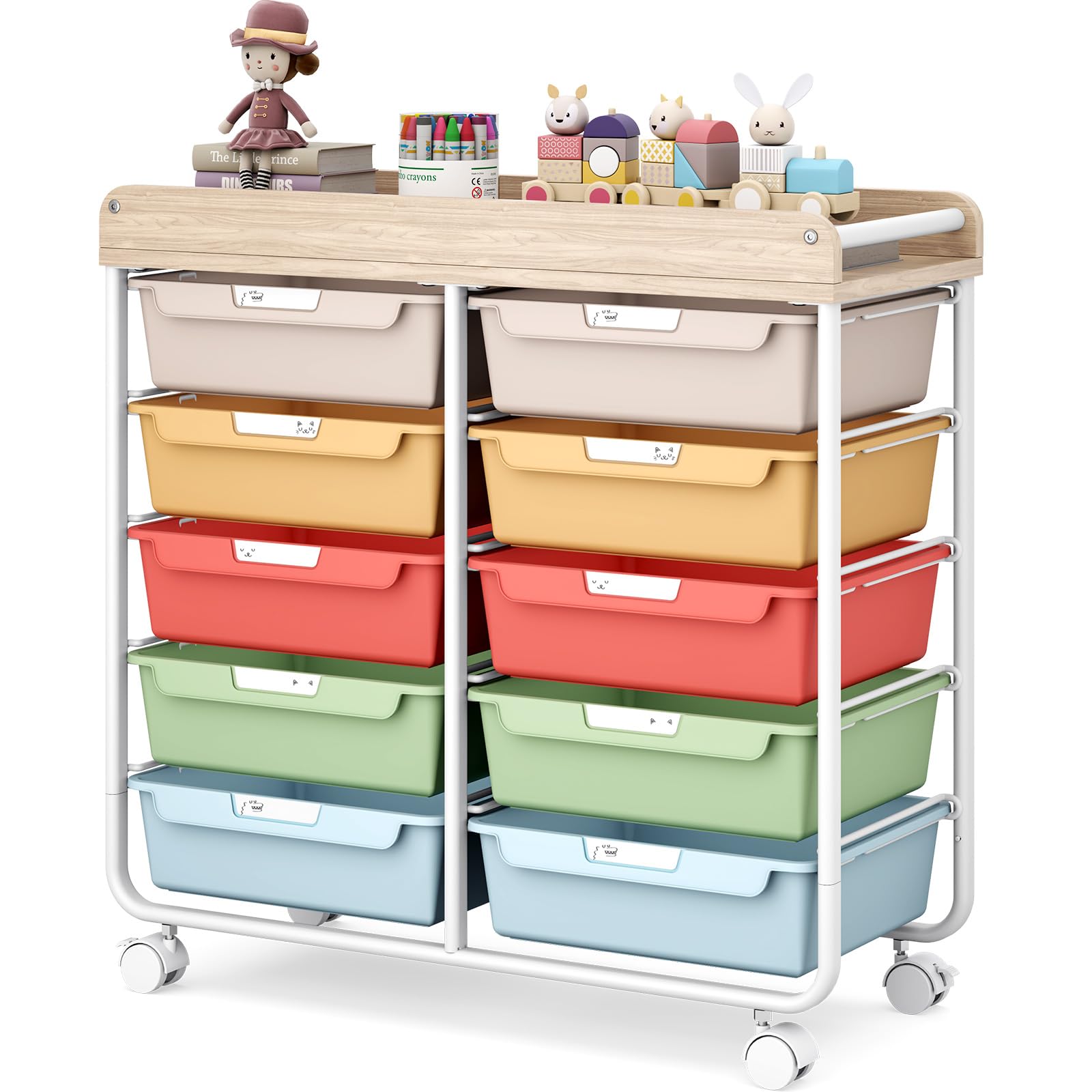 Photo 1 of 10 Drawers Rolling Cart with Wooden Tabletop, Utility Storage Cart with Wheels, Art Supply Craft Organizer on Wheel with Metal Frame & Handles for Home Office School,Colorful