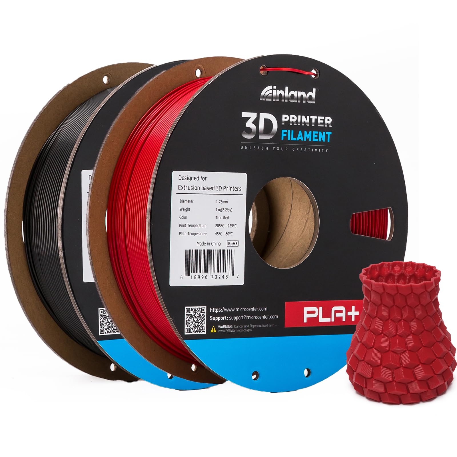 INLAND Micro Center PLA+ 3D Printing Filament 1.75mm - PLA Pro Dimensional Accuracy +/- 0.03 mm - 1kg Cardboard Spool (2.2 lbs) (2 Pack Black & True Red, 1.75mm) Image