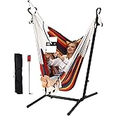 ZEYU Hammock Chair with Stand Double Hammock Chair Bohemian Style with Tassel Mobile Phone Support Manual Adjustable Swing Indoor and Outdoor Garden Porch with Floor mat Reclining Capacity 400 pounds