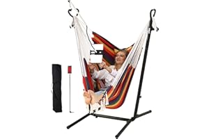 ZGZEYU ZEYU Hammock Chair with Stand Double Hammock Chair Bohemian Style with Tassel Mobile Phone Support Manual Adjustable Swing Indoor and Outdoor Garden Porch with Floor mat Reclining Capacity 400 pounds