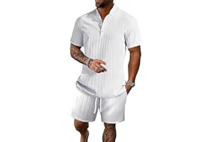 BEALIN Men's Summer Beach Outfits 2 Piece Vintage Short Sleeve Henley Shirts and Shorts Vacation Texture Sets for Men
