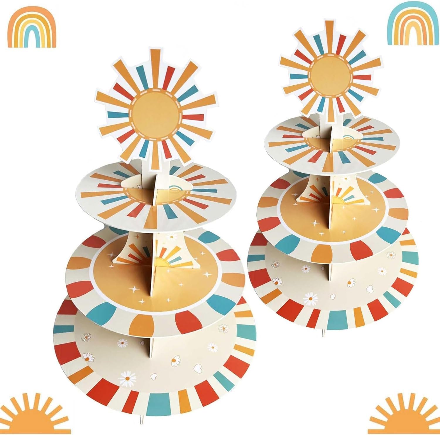 Photo 1 of Zliisang 2 PCS Here Comes The Son Baby Shower Cupcake Stand Retro Sunshine Daisy Cupcake Stand Boho Sun Cupcake Dessert Stand for First Trip Around The Sun Birthday Party Decorations, Colorful