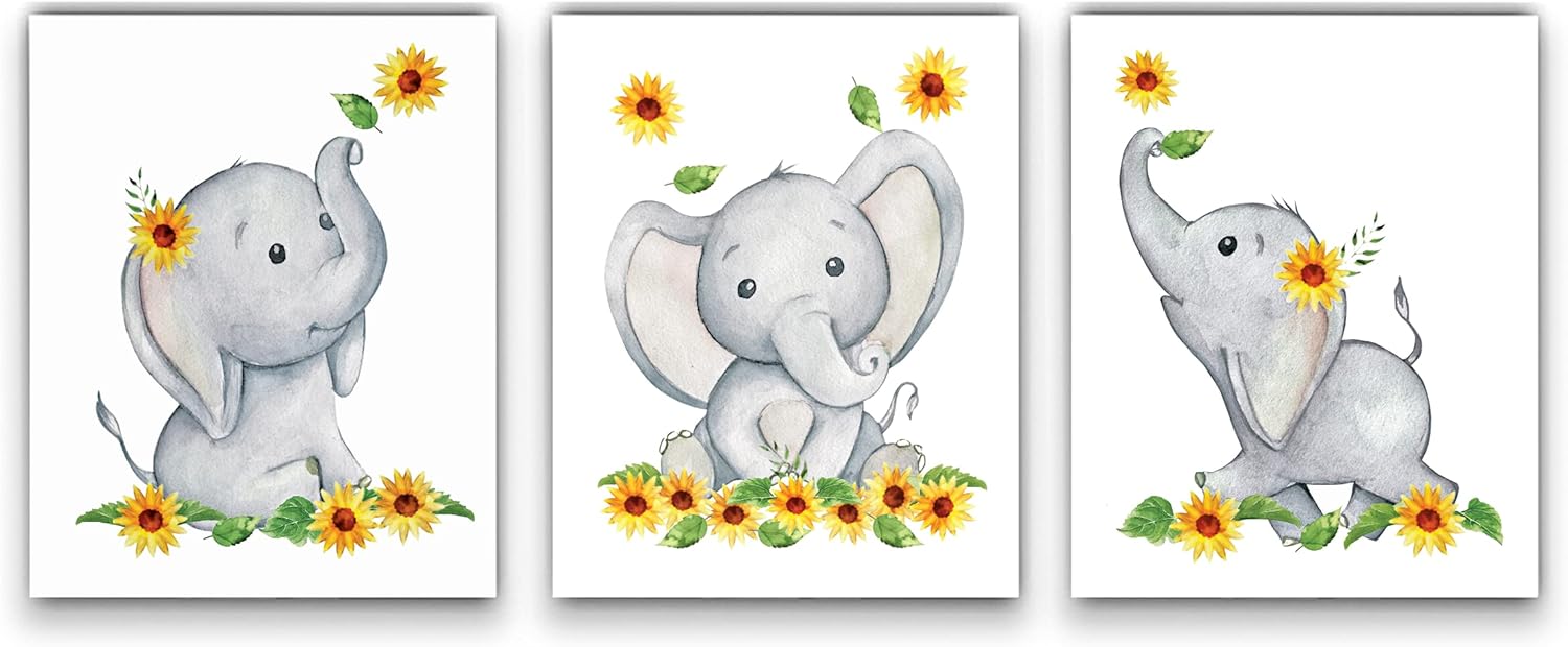 Elephant and Sunflower Nursery Decor Wall Art -SET of 3 8x10 UNFRAMED Watercolor Nursery Prints will fit perfectly with your Baby Elephant Nursery Decor and Sunflower Baby Stuff! MADE IN USA