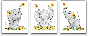 Elephant and Sunflower Nursery Decor Wall Art -SET of 3 8x10 UNFRAMED Watercolor Nursery Prints will fit perfectly with your Baby Elephant Nursery Decor and Sunflower Baby Stuff! MADE IN USA