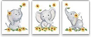 Elephant and Sunflower Nursery Decor Wall Art -SET of 3 8x10 UNFRAMED Watercolor Nursery Prints will fit perfectly with your Baby Elephant Nursery Decor and Sunflower Baby Stuff! MADE IN USA