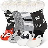 Xuniea 4 Pairs Winter Fuzzy Warm Slipper Socks with Grips for Women Thick Soft Fleece Lining Cute Animal Christmas Socks