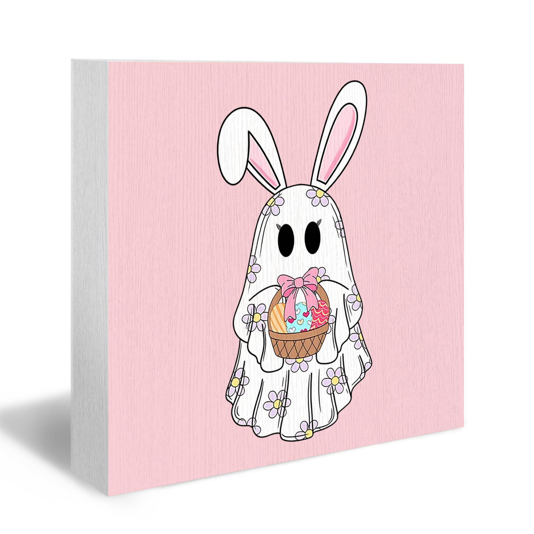 DUXMNAMG Easter Ghost Bunny Wood Box Sign, Spooky Easter Bunny Desk Shelf Decor, Easter Bunny Gifts, Pink Bunny Eggs Bow Easter Spring Wooden Block Plaque Box Sign for Home Room Office Table Decor