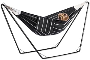 gafete Double Hammock with Stand for Outside, Stable V-Shape Space Saving Steel Stand 2 Person, Comfortable Pillow & Convenient Side Pocket, Indoor & Outdoor, Max 450 lbs Capacity (Black)