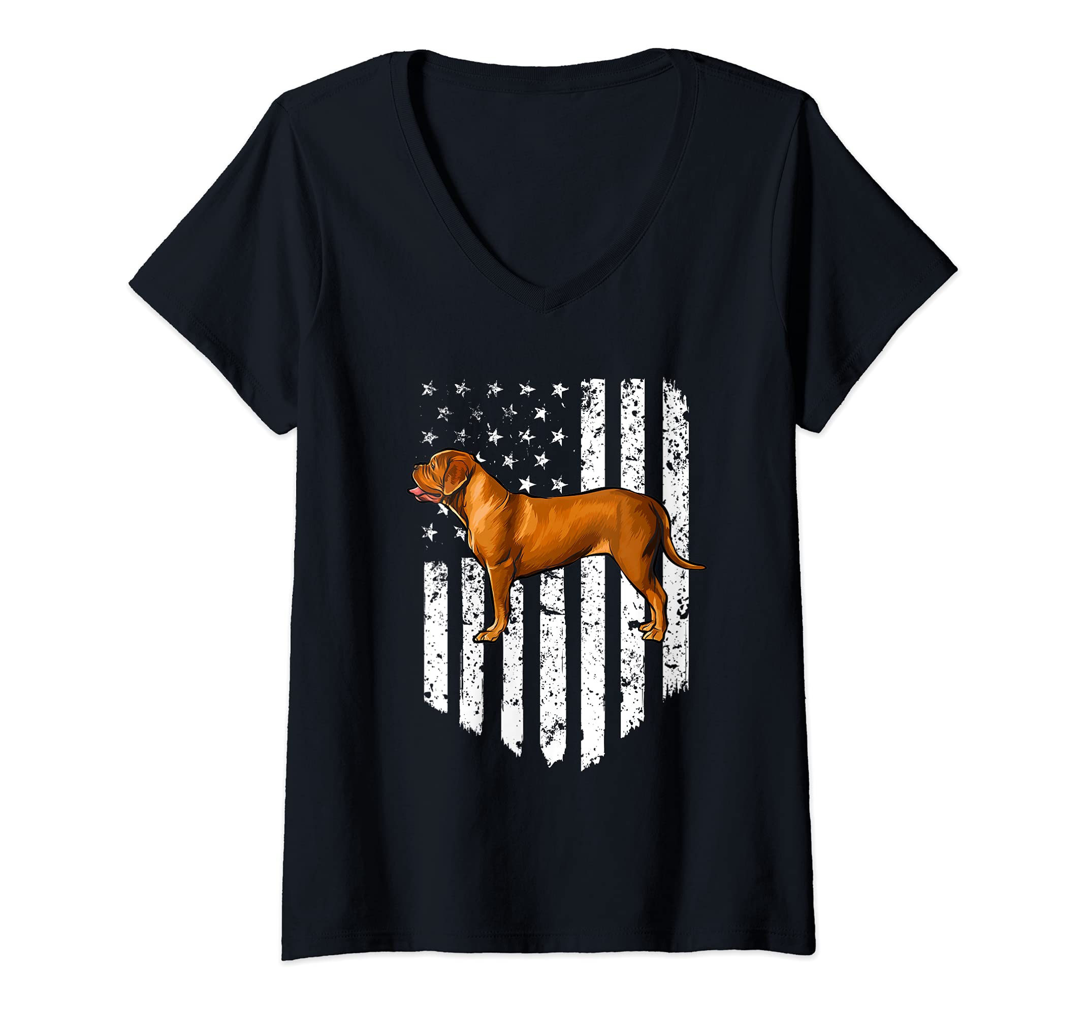 Womens Black White American Flag Dogues de Bordeaux 4th Of July USA V-Neck T-Shirt
