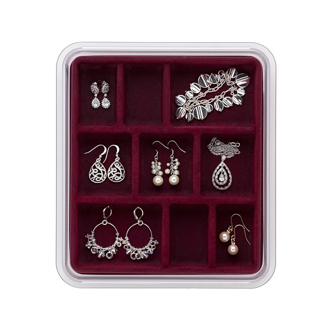 Velvet Jewelry Tray Stacking 9 Compartment (Burgundy) (1.5" H x 8.